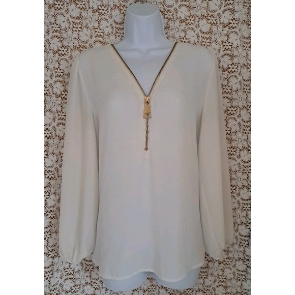 Carmen Marc Volvo Blouse M Ivory Zipper V Neck Long Sleeve Silky Beachy Wedding - Picture 2 of 9